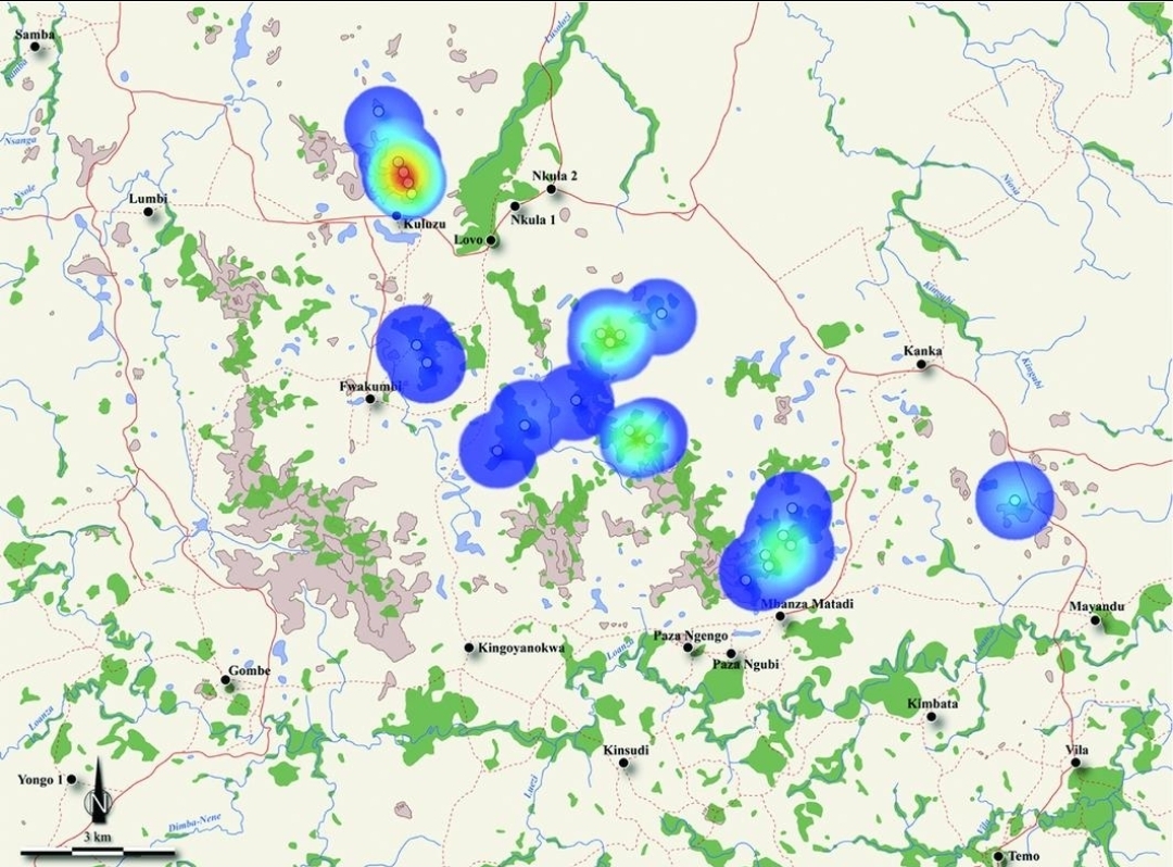 Map showing concentrations of documented sites in the Lovo Massif
