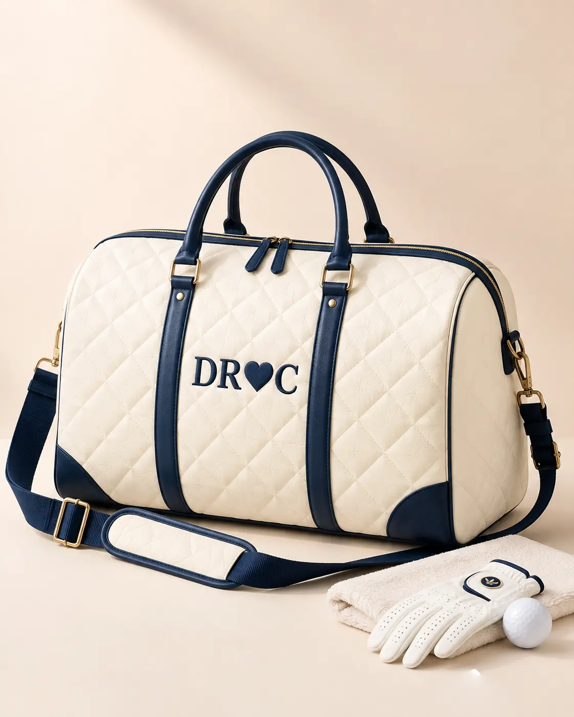 DRCTOURISM quilted cream duffle bag with navy trim and gold hardware
