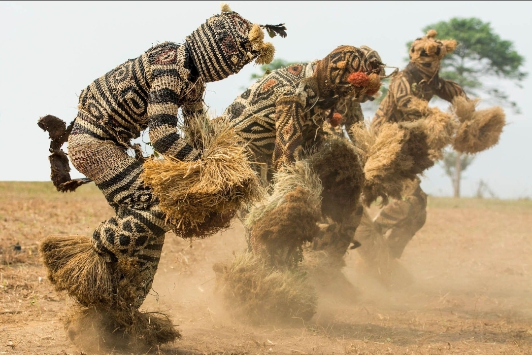 Pende masked performers in full raffia costume dancing during a ceremony in the Democratic Republic of Congo
