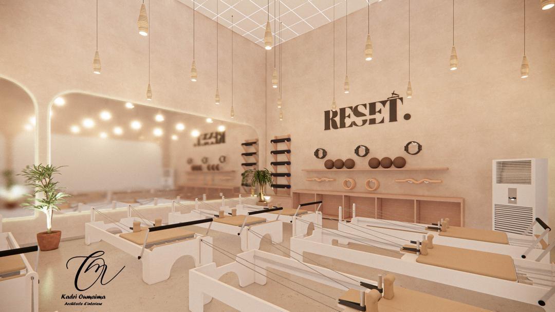 The reformer studio floor at RESET Studio Pilates in Ngaliema, Kinshasa.