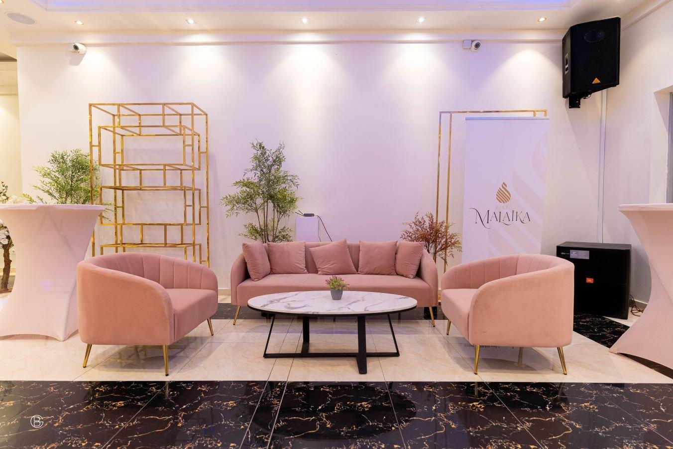 The lounge at Malkia Club, a private women's wellness club in Kinshasa.