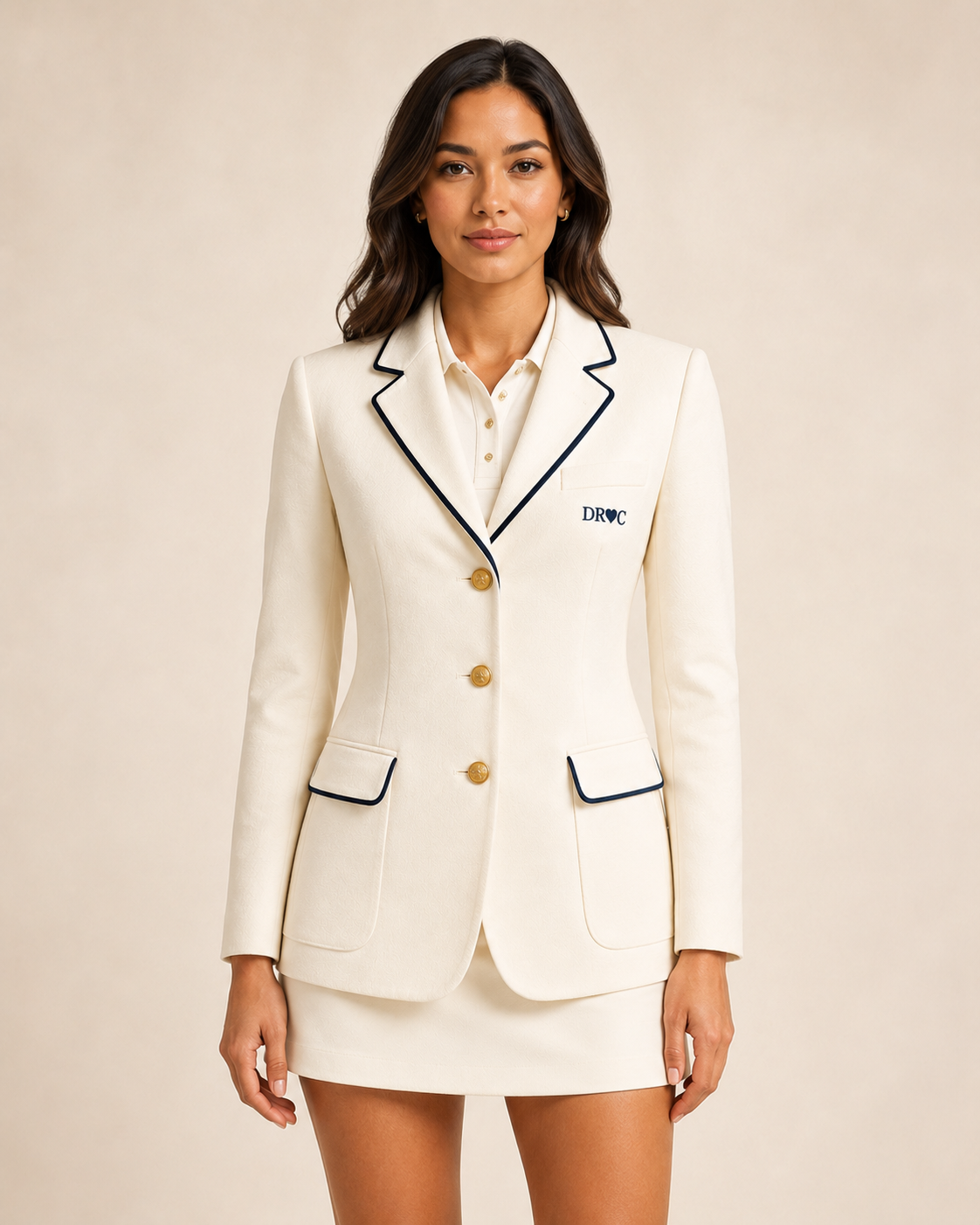Woman wearing the DR♥C ivory heritage club blazer with navy piping, gold buttons and matching ivory skirt