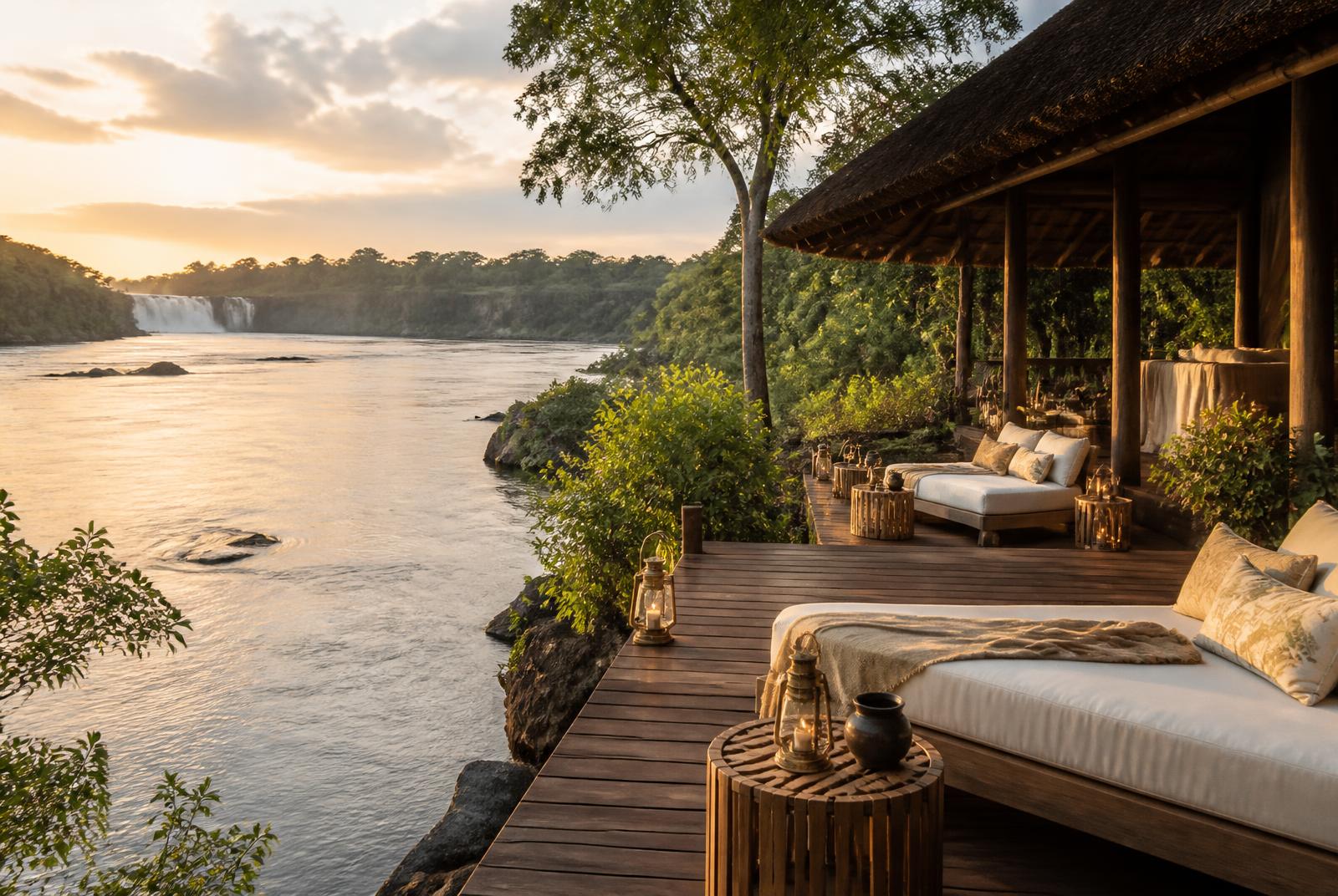 A riverside lodge terrace at golden hour in Kongo Central, illustrating the style of weekend escape offered from Kinshasa.