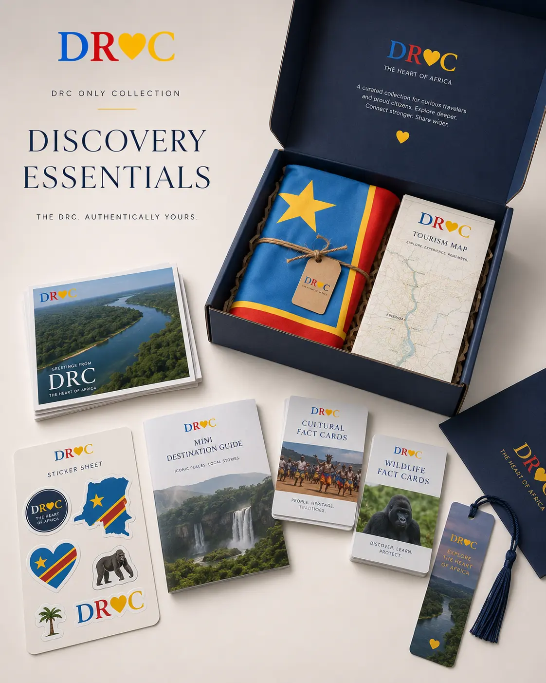 DRC Discovery Essentials Kit gift box with Congo flag, tourism map, postcards, stickers, mini destination guide and cultural and wildlife fact cards