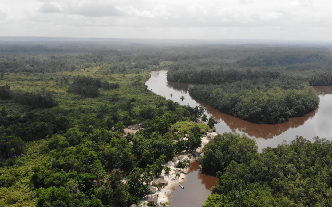 Aerial view of Bombo-Lumene River and savanna landscape on the Batéké Plateau near Kinshasa, DRC