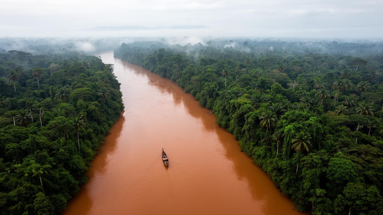 Luxury expedition vessel navigating the Congo River through tropical rainforest at sunset
