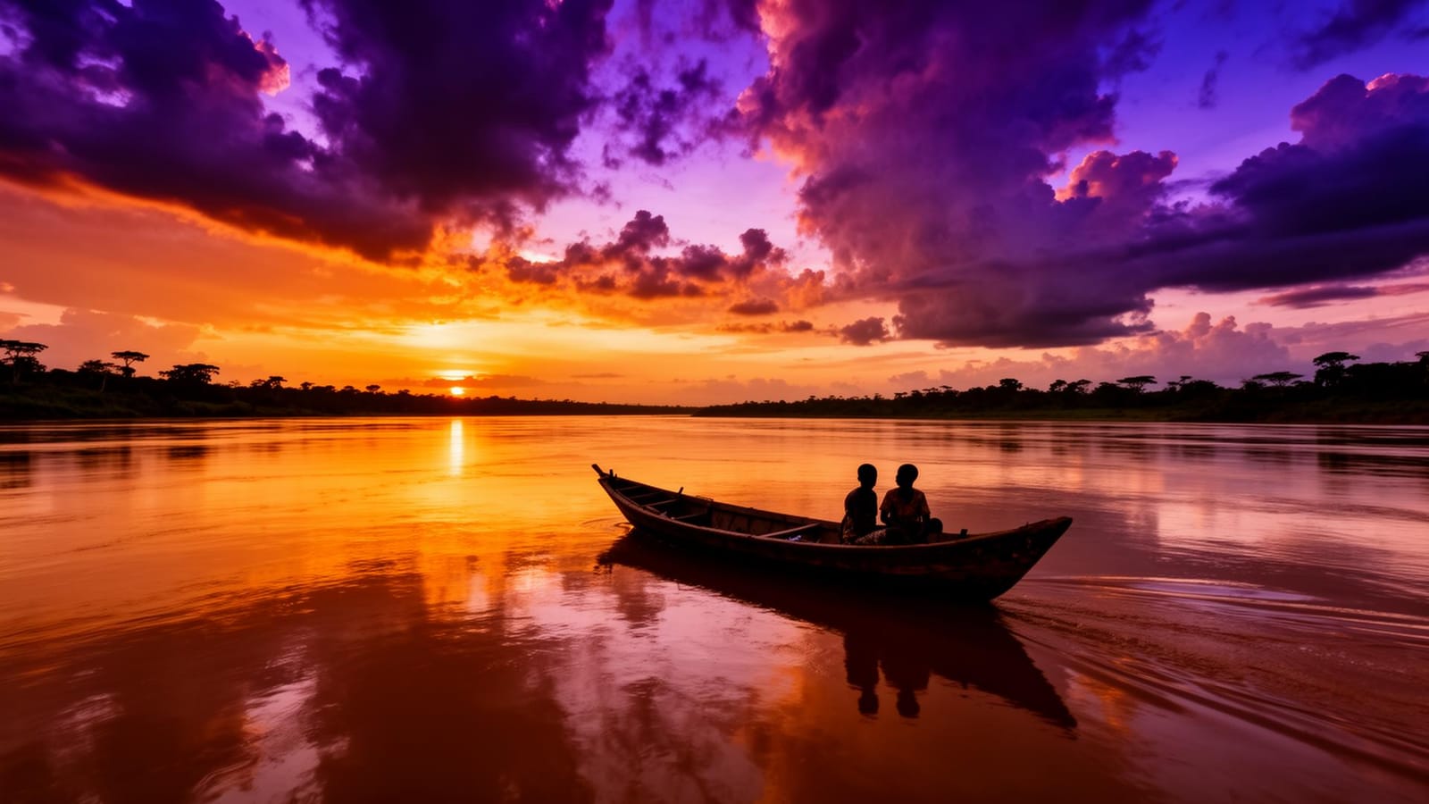 Equatorial sunset on the Congo River with boat silhouette