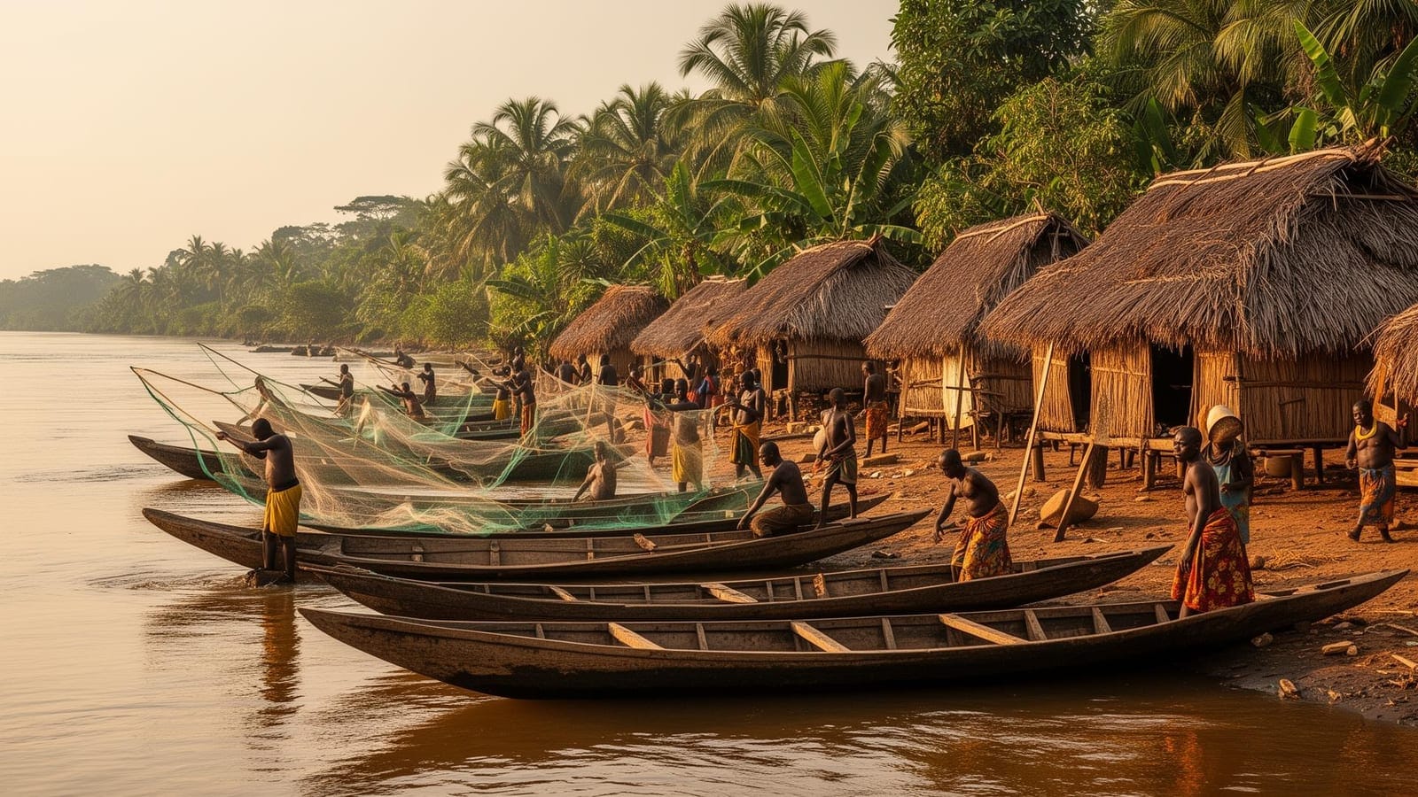 Traditional Congo River fishing village with pirogues