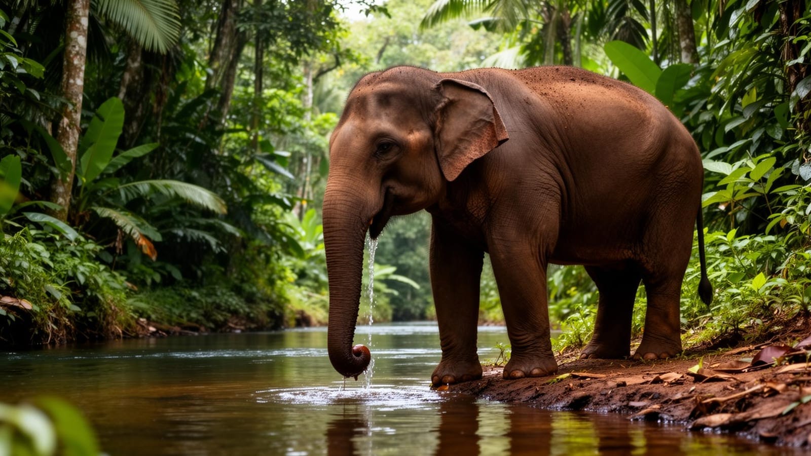 Forest elephant drinking at Congo River edge in rainforest