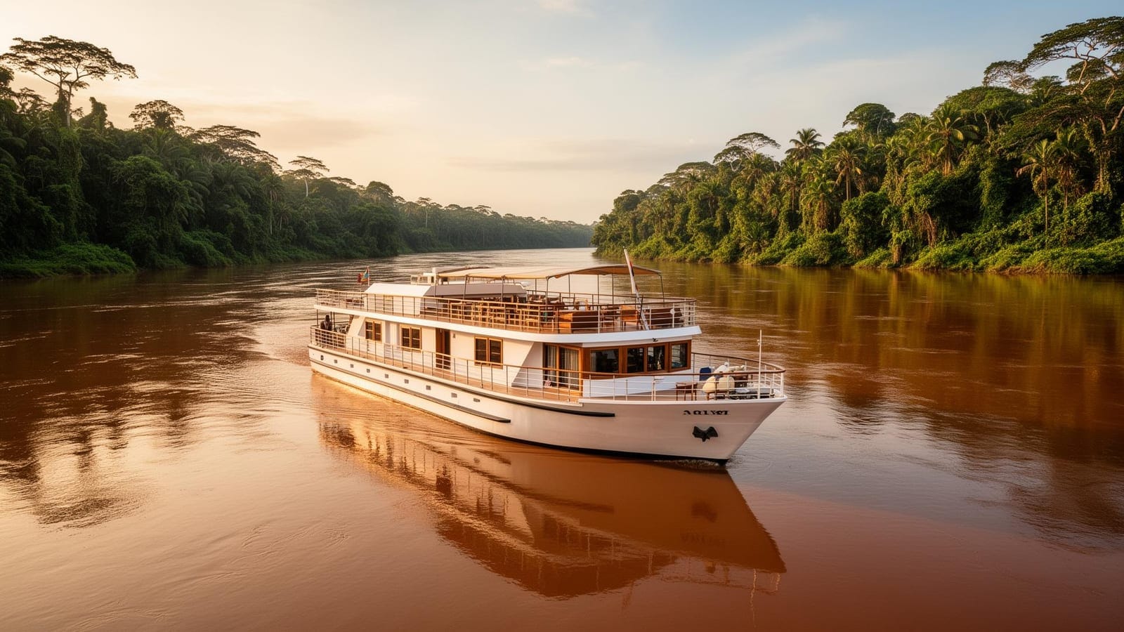 Luxury river cruise vessel deck at sunset on Congo River