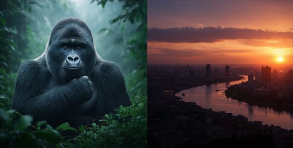 Aerial view of the Congo rainforest meeting the Virunga volcanic chain — destinations of the Democratic Republic of Congo