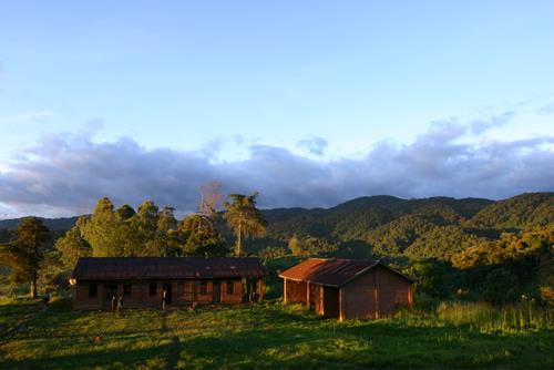 Traditional buildings with mountain forest backdrop at sunset in Itombwe Nature Reserve, South Kivu, DRC
