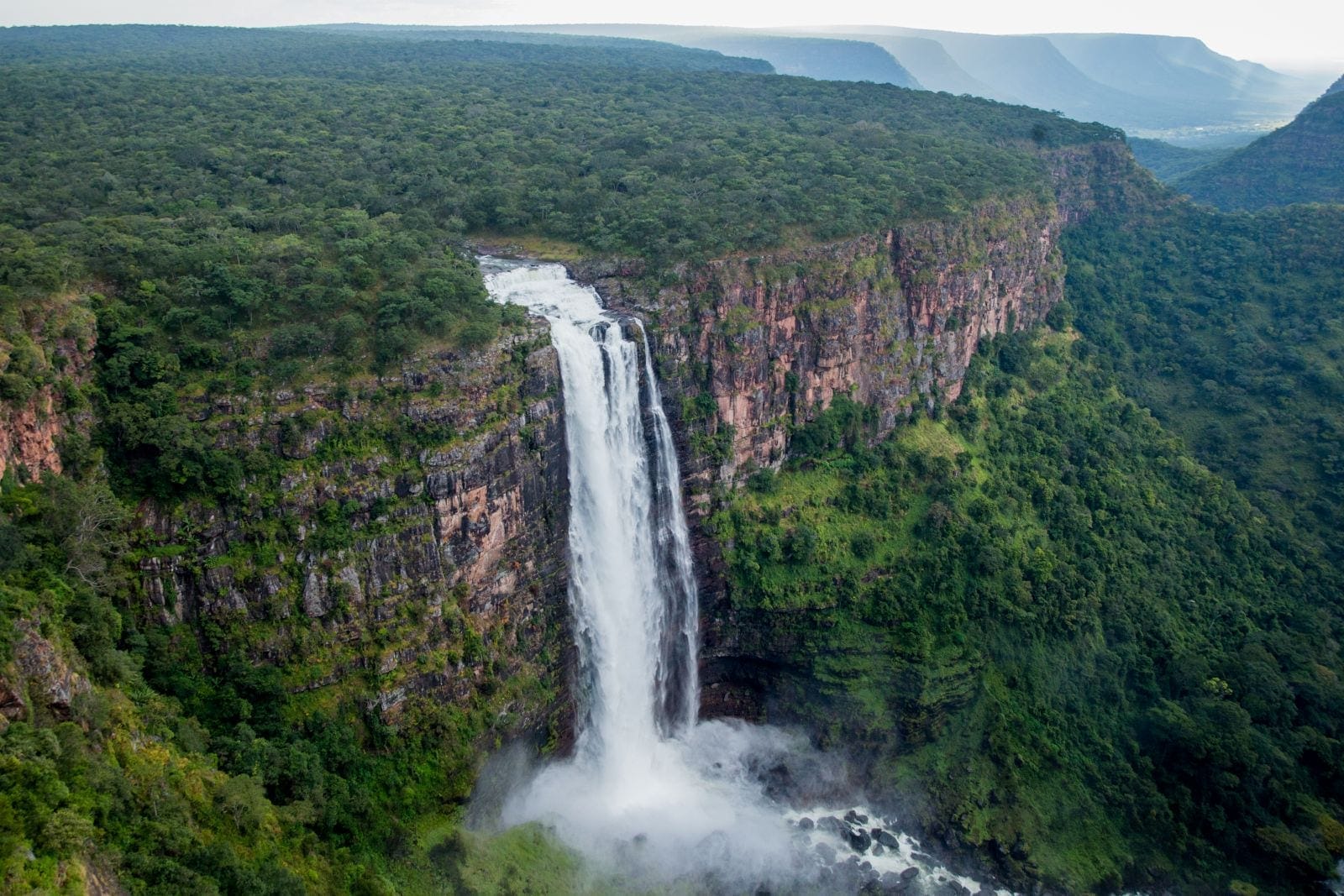 Dramatic waterfall cascading through Kundelungu National Park plateau