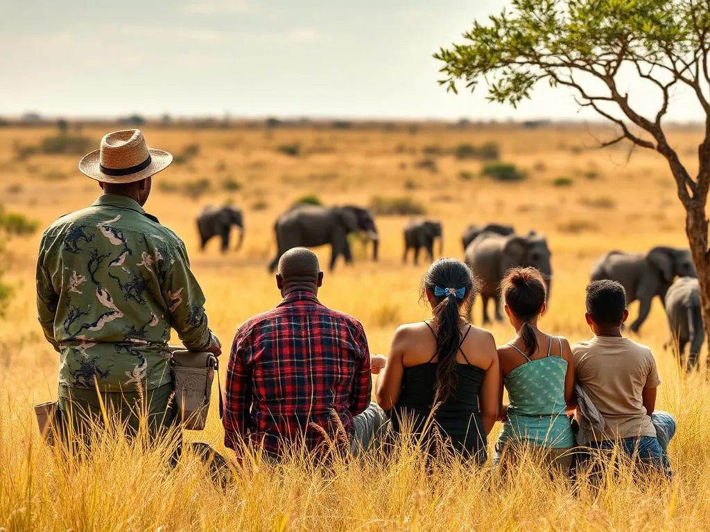 Family observing wildlife from a private safari vehicle in the Congo savannah — 5-day family safari adventure