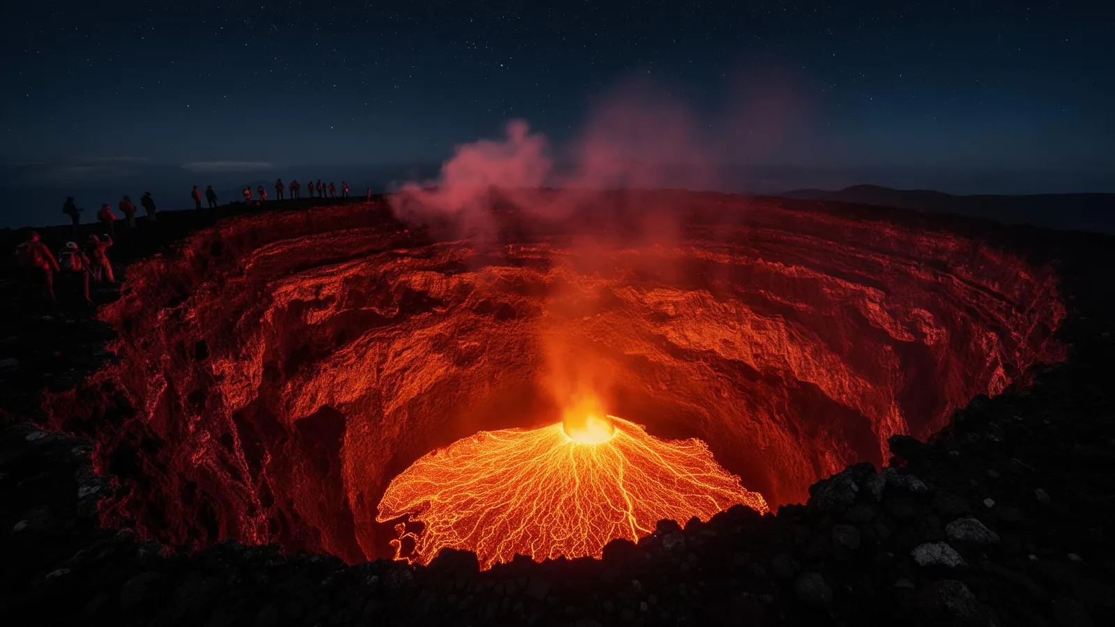 Glowing lava lake of Mount Nyiragongo at night, Virunga National Park — DRC volcano trek 2025